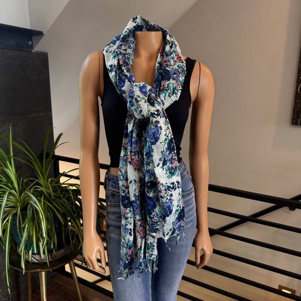 Oversized Floral Wrap Scarf 75x40 Sheer Watercolor Shawl Fringe Blue Purple
